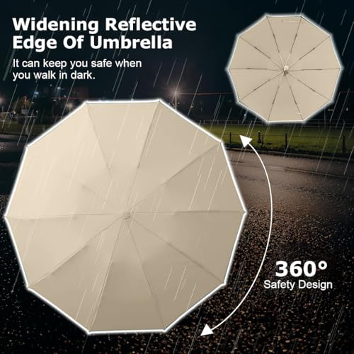 PALAY® 3 Fold Umbrella for Rain with Reflective Strip Compact Travel Auto One-Touch Open Close Reinforced 10 Dual Ribs Sun Protection 99% UV Windproof Men Women Khaki 3PCS PALAY® 3 Fold Umbrella for Rain with Reflective Strip Compact Travel Auto One-Touch Open Close Reinforced 10 Dual Ribs Sun Protection 99% UV Windproof Men Women Khaki 3PCS